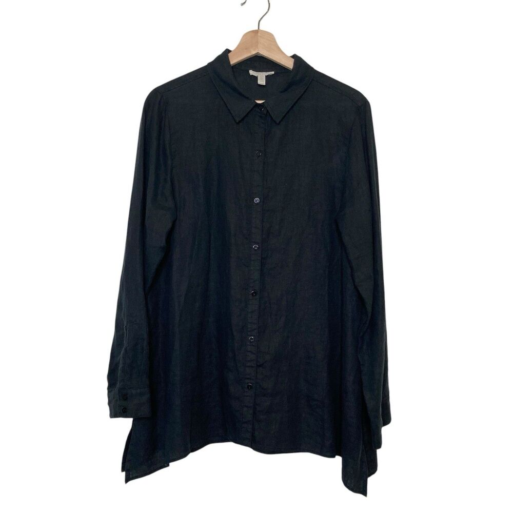 Eileen Fisher Organic Linen Oversized Button Down Shirt LP Asymmetrical Hem BLK